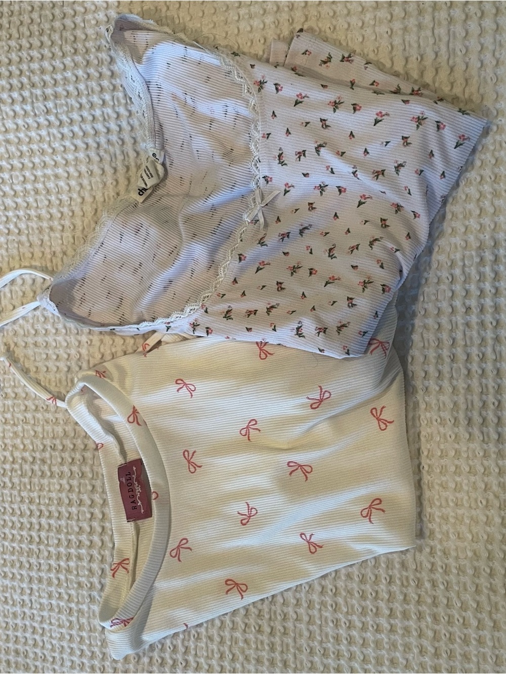 2-Pack White Ribbed Tank Tops with Pink Bow & Floral Prints